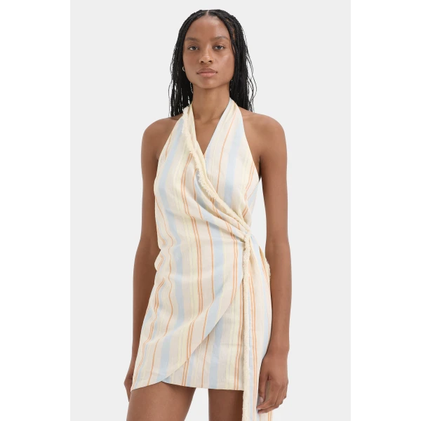 SIR the Label Pernille Wrap Halter Mini Dress in Sommer Stripe | Mini Dresses | Luxury Shoes 
