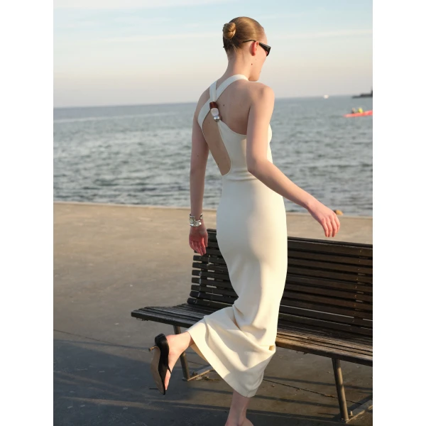 SIR the Label Sabah Cross Back Midi Dress in Ivory | Midi Dresses | Luxury Shoes 