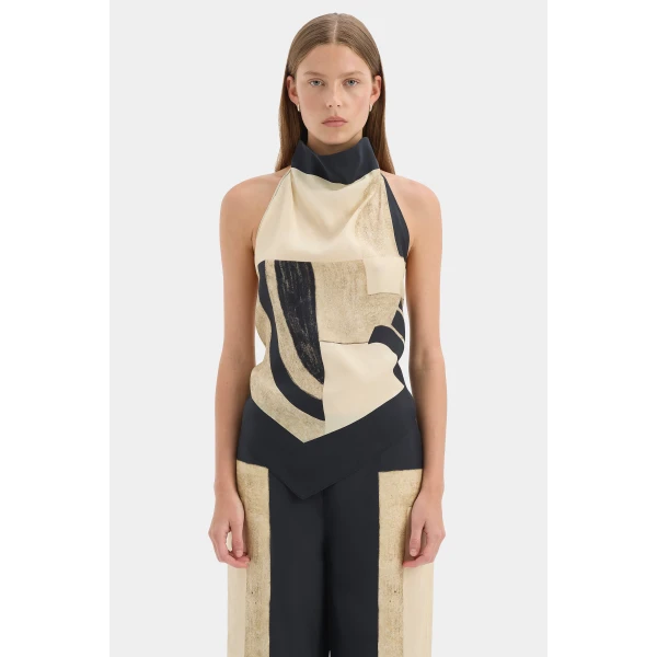 SIR the Label Sona Halter Tie Top in Geo Scape | Sleeveless | Luxury Shoes 
