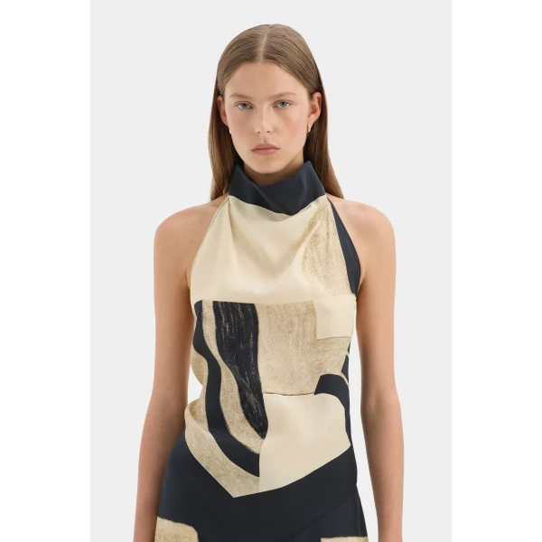 SIR the Label Sona Halter Tie Top in Geo Scape | Sleeveless | Luxury Shoes 