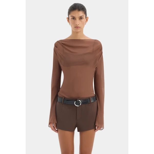 SIR the Label Strobe Long Sleeve Cowl Top in Chestnut | Long Sleeve | Luxury Shoes 