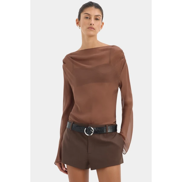 SIR the Label Strobe Long Sleeve Cowl Top in Chestnut | Long Sleeve | Luxury Shoes 