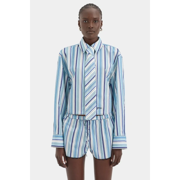 SIR the Label Vester Cropped Shirt in Blue Stripe | Shirts | Luxury Shoes 