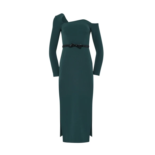 Safiyaa Amia Embroidered Midi Dress in Darkest Spruce | Midi Dresses | Luxury Shoes 
