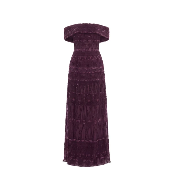 Beaded Tulle Dress in Italian Plum