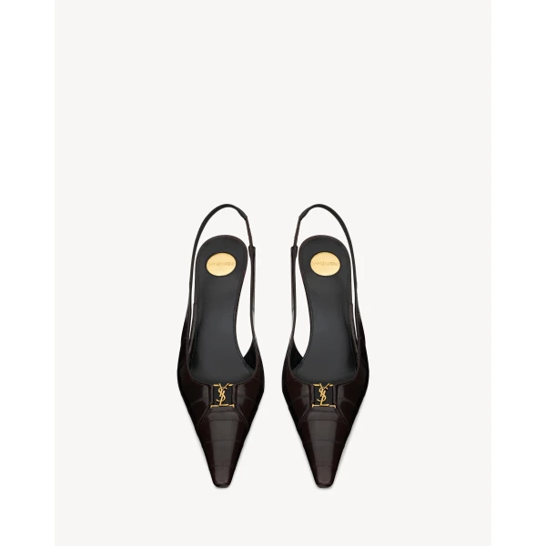 Brown Saint Laurent Babylone Breteuil Slingback Pumps in Hagfish, Burnt Brown, view 2 | Heels