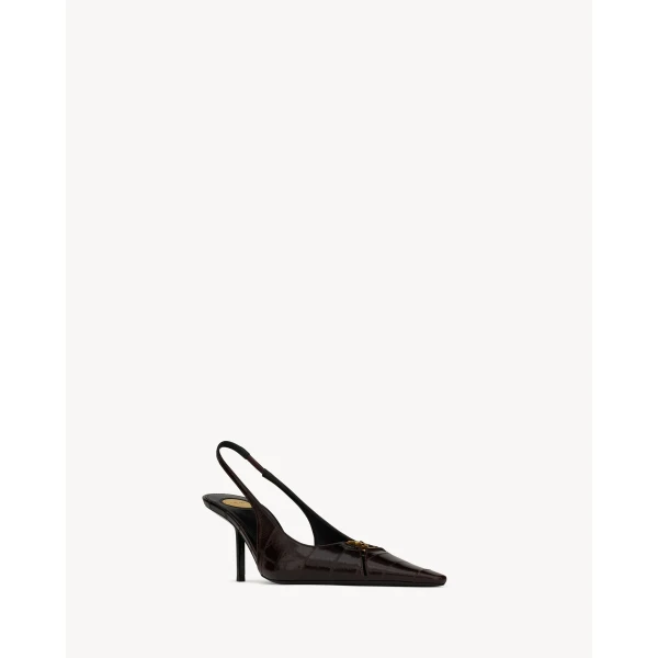 Brown Saint Laurent Babylone Breteuil Slingback Pumps in Hagfish, Burnt Brown, view 3 | Heels