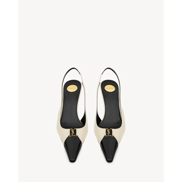 Multicolour Saint Laurent Babylone Breteuil Slingback Pumps in Smooth Leather, Black and White, view 2 | Heels