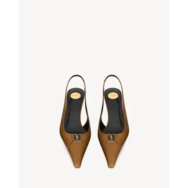 Brown Saint Laurent Babylone Breteuil Slingback Pumps in Smooth Leather, Macadamia, 75 mm, view 2 | Heels