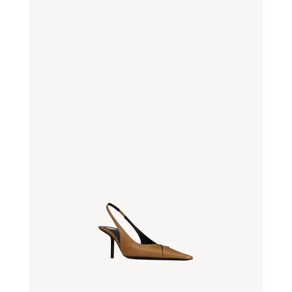 Brown Saint Laurent Babylone Breteuil Slingback Pumps in Smooth Leather, Macadamia, 75 mm, view 3 | Heels
