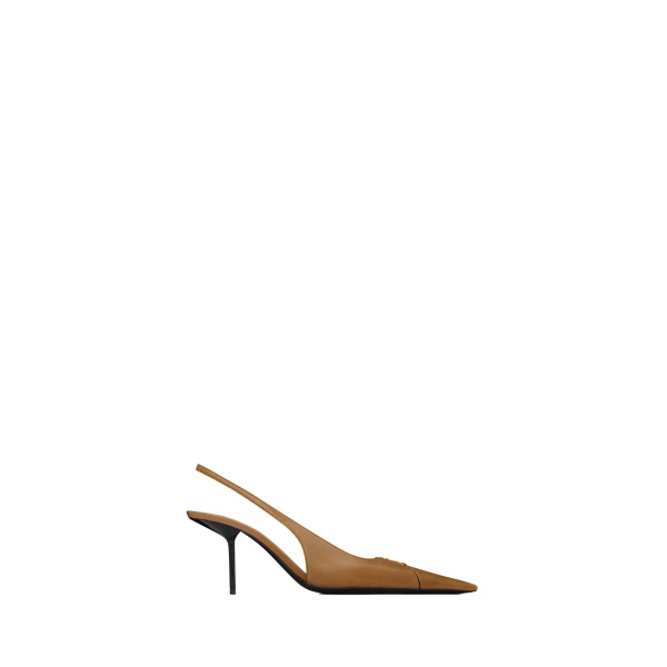 Brown Saint Laurent Babylone Breteuil Slingback Pumps in Smooth Leather, Macadamia, 75 mm | Heels