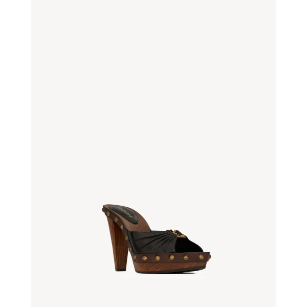 Brown Saint Laurent Babylone Clogs in Smooth Leather, view 3 | Sandals