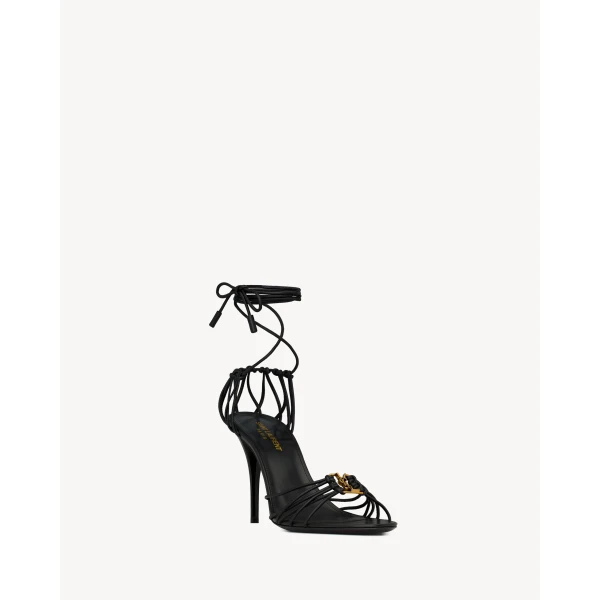 Black Saint Laurent Babylone Sandals in Smooth Leather, Black, Fall Winter 2026, view 3 | Sandals
