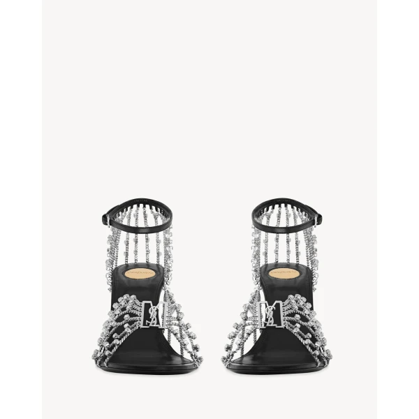 Multicolour Saint Laurent Babylone Sandals in Smooth Leather and Crystals, view 2 | Sandals