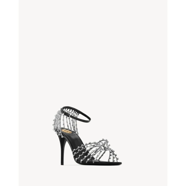 Multicolour Saint Laurent Babylone Sandals in Smooth Leather and Crystals, view 3 | Sandals