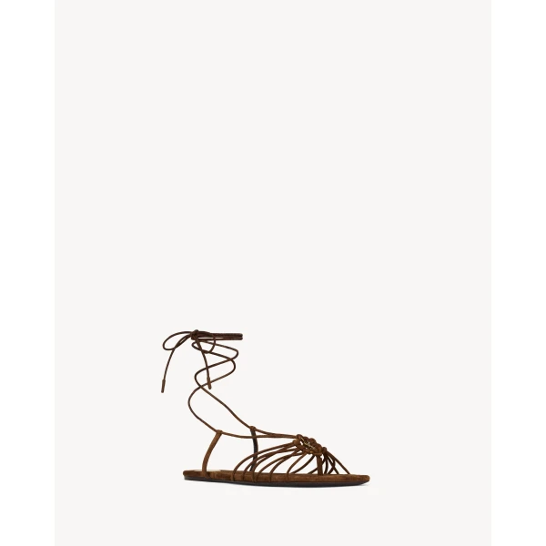 Brown Saint Laurent Babylone Sandals with Laces in Suede, view 3 | Sandals
