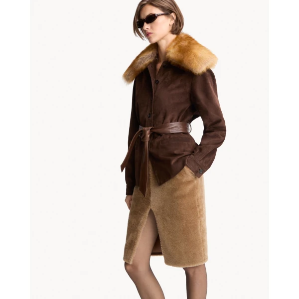 Multicolour Saint Laurent Belted Jacket in Suede and Shearling, view 2 | Shearling Jackets