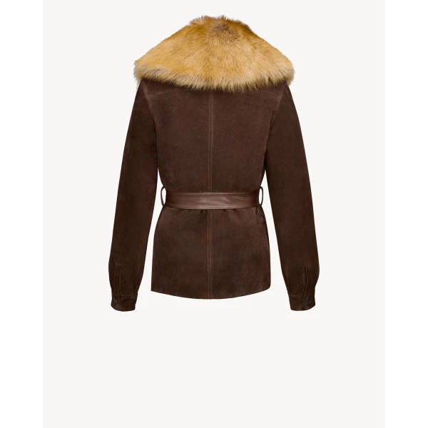 Multicolour Saint Laurent Belted Jacket in Suede and Shearling, view 4 | Shearling Jackets