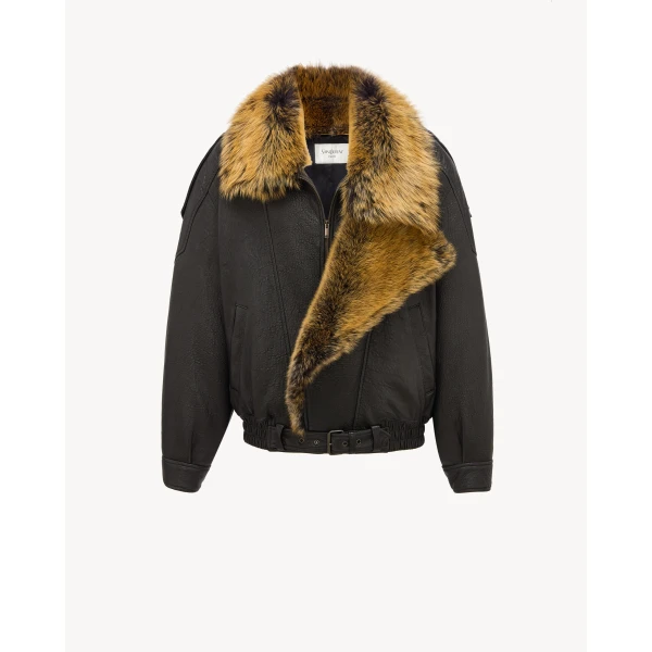 Multicolour Saint Laurent Bomber Jacket in Bubbled Lambskin and Shearling, view 2 | Shearling Jackets