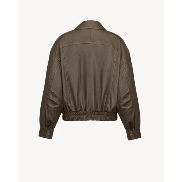 Green Saint Laurent Bomber Jacket in Grained Lambskin, Kaki Fonce, view 3 | Leather Jackets