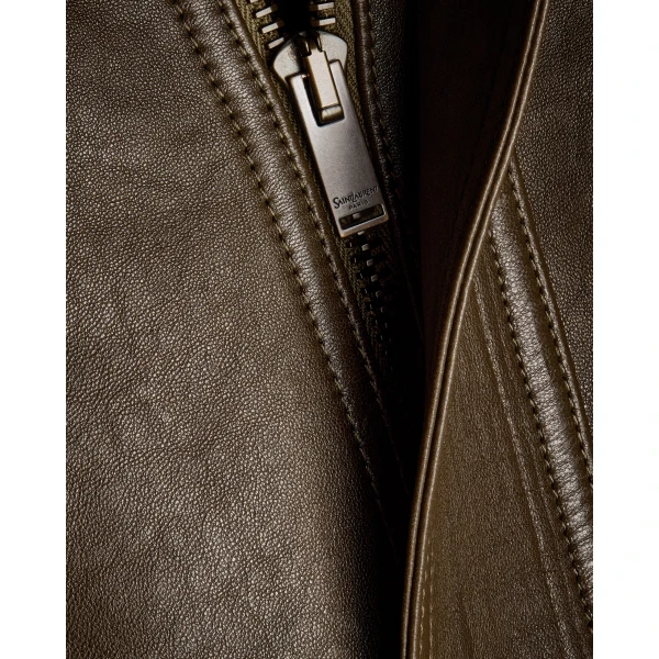 Green Saint Laurent Bomber Jacket in Grained Lambskin, Kaki Fonce, view 4 | Leather Jackets