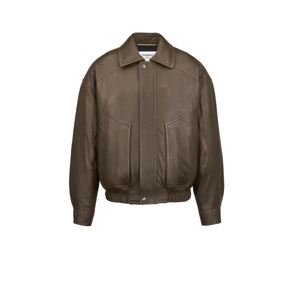 Bomber Jacket in Grained Lambskin, Kaki Fonce