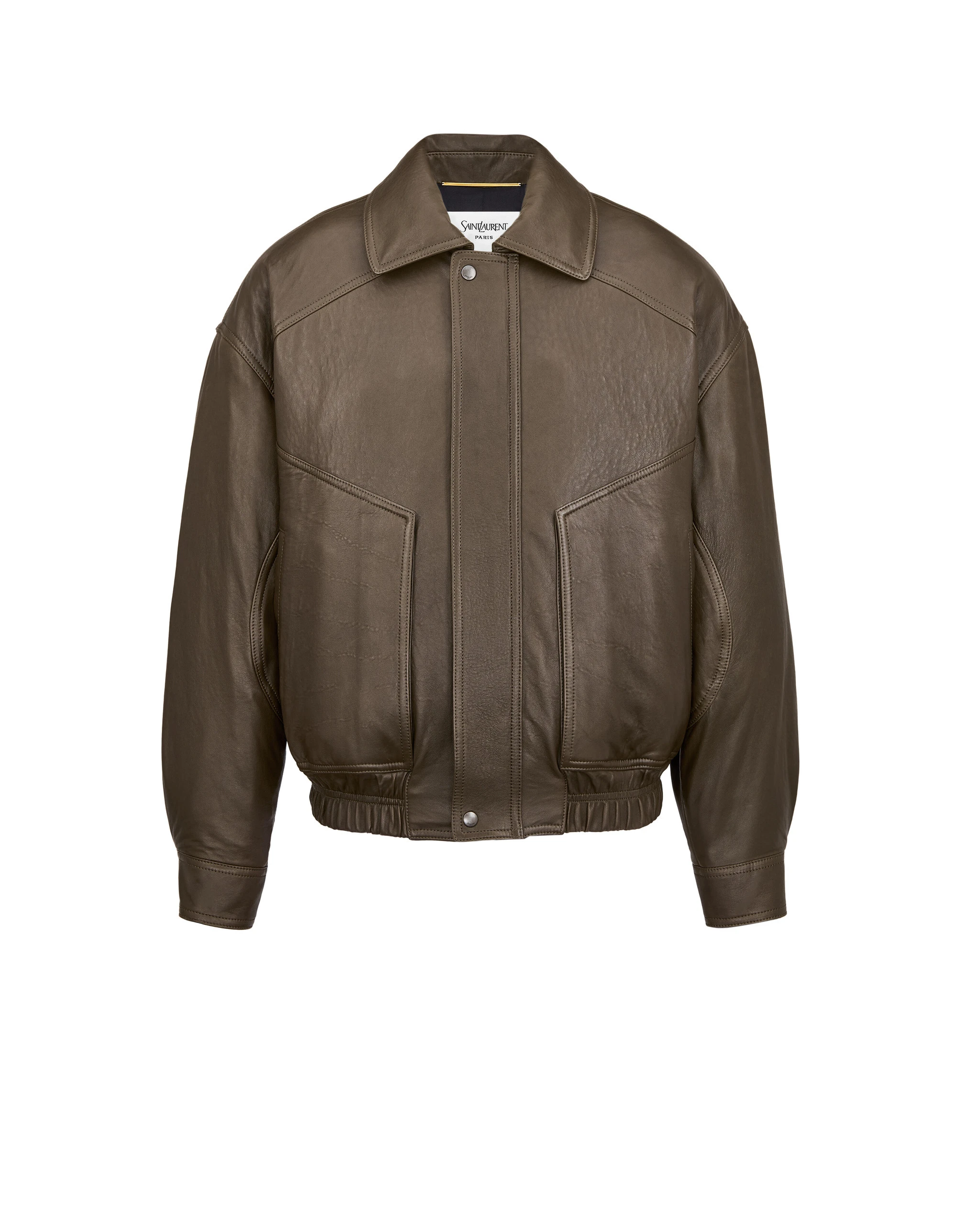 Saint Laurent Bomber Jacket in Grained Lambskin, Kaki Fonce Green Saint Laurent Bomber Jacket in Grained Lambskin, Kaki Fonce | Leather Jackets
