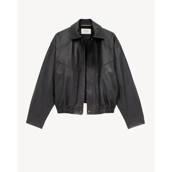 Black Saint Laurent Bomber Jacket in Grained Lambskin, Reglisse, view 3 | Leather Jackets