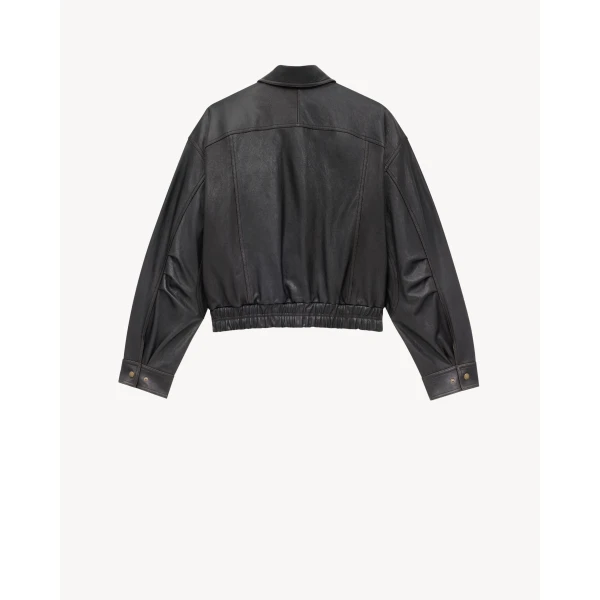 Black Saint Laurent Bomber Jacket in Grained Lambskin, Reglisse, view 4 | Leather Jackets