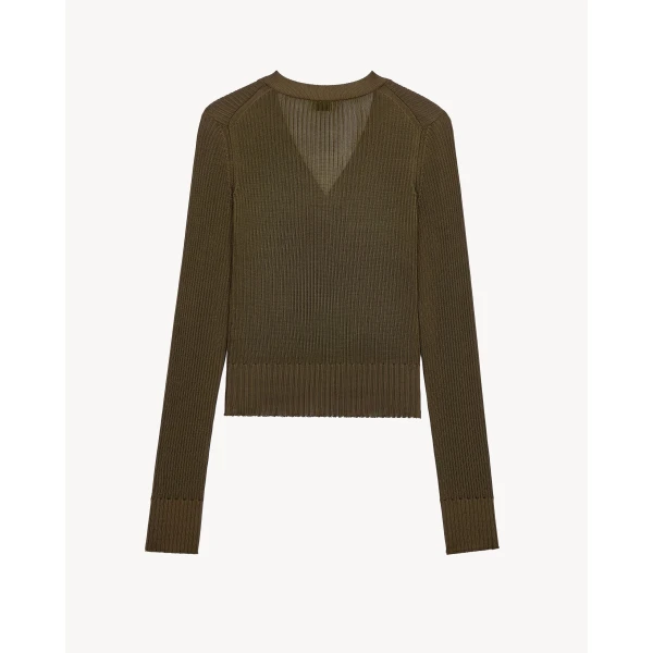 Green Saint Laurent Cardigan in Ribbed Knit, Kaki Fonce, view 3 | Cardigan