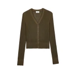 Green Saint Laurent Cardigan in Ribbed Knit, Kaki Fonce | Cardigan