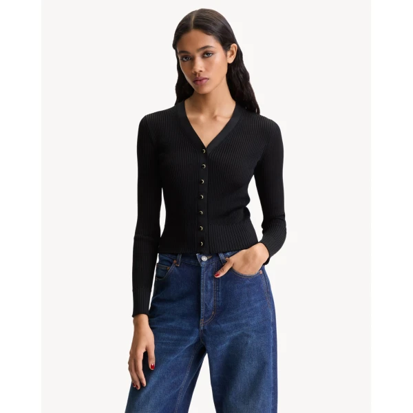 Black Saint Laurent Cardigan in Ribbed Knit, Noir, view 2 | Cardigan