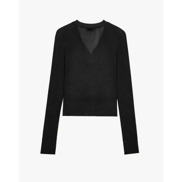 Black Saint Laurent Cardigan in Ribbed Knit, Noir, view 3 | Cardigan