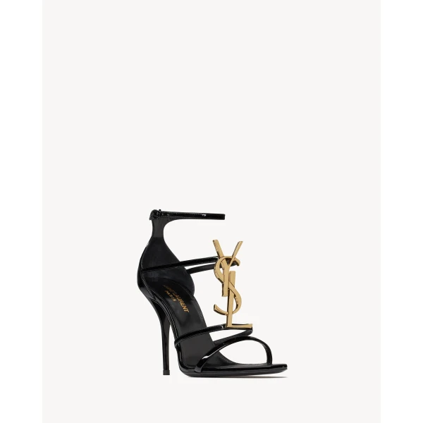 Black Saint Laurent Cassandra Sandals in Patent Leather, Black, 100 mm, view 3 | Sandals