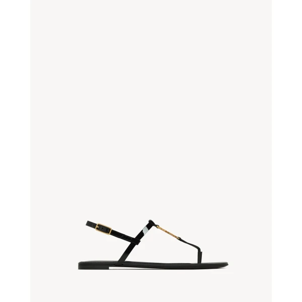 Black Saint Laurent Cassandra Sandals in Patent Leather, Black, 5 mm, view 2 | Sandals
