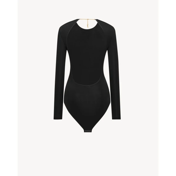 Black Saint Laurent Cassandre Backless Bodysuit in Jersey, view 3 | Bodysuit