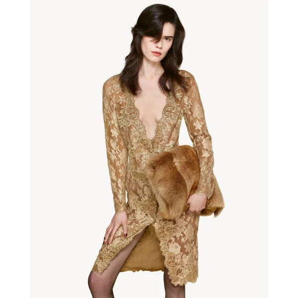 Metallic Saint Laurent Cassandre Buttoned Lace Midi Dress, view 2 | Midi Dresses