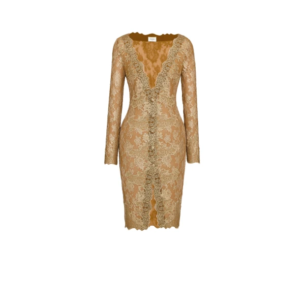 Metallic Saint Laurent Cassandre Buttoned Lace Midi Dress | Midi Dresses