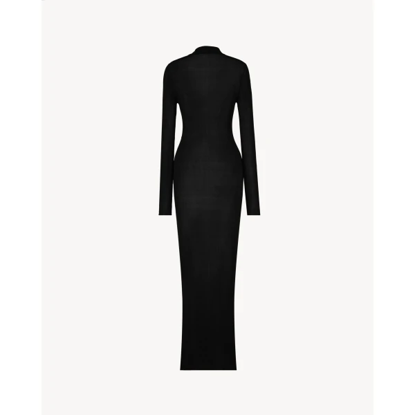 Black Saint Laurent Cassandre Collar Dress in Rib-Knit Silk, Noir, view 2 | Dresses