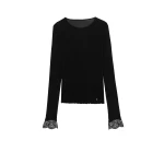 Black Saint Laurent Cassandre Lace-Cuff Top in Ribbed Silk Jersey | Lace