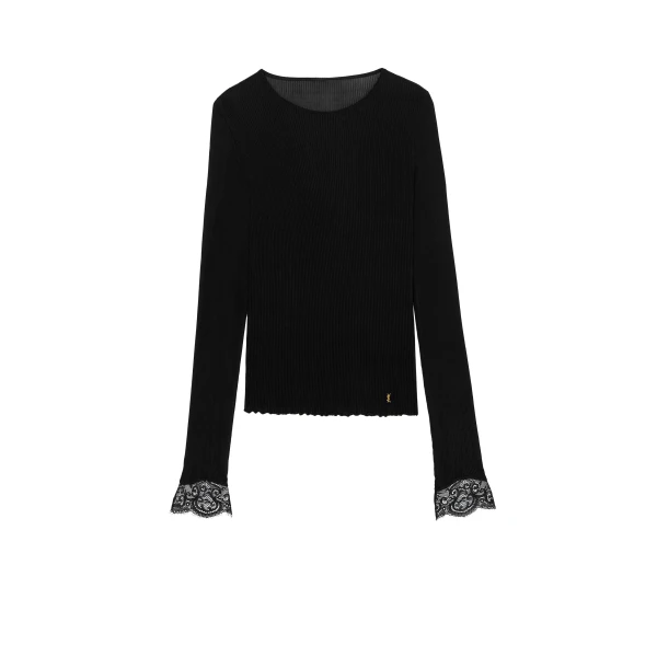Black Saint Laurent Cassandre Lace-Cuff Top in Ribbed Silk Jersey | Lace