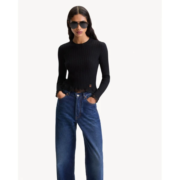 Black Saint Laurent Cassandre Laced Top in Ribbed Wool, Cashmere, and Silk, view 2 | Tops