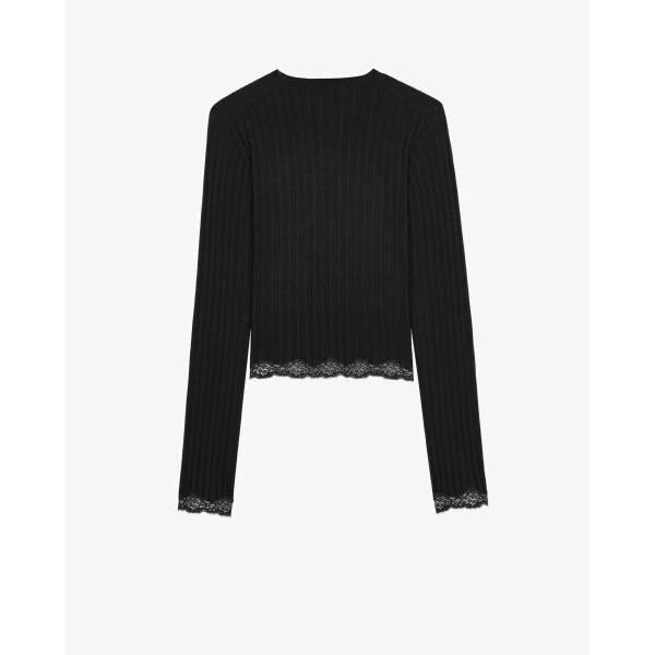 Black Saint Laurent Cassandre Laced Top in Ribbed Wool, Cashmere, and Silk, view 3 | Tops