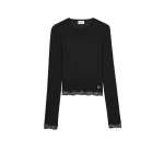 Black Saint Laurent Cassandre Laced Top in Ribbed Wool, Cashmere, and Silk | Tops