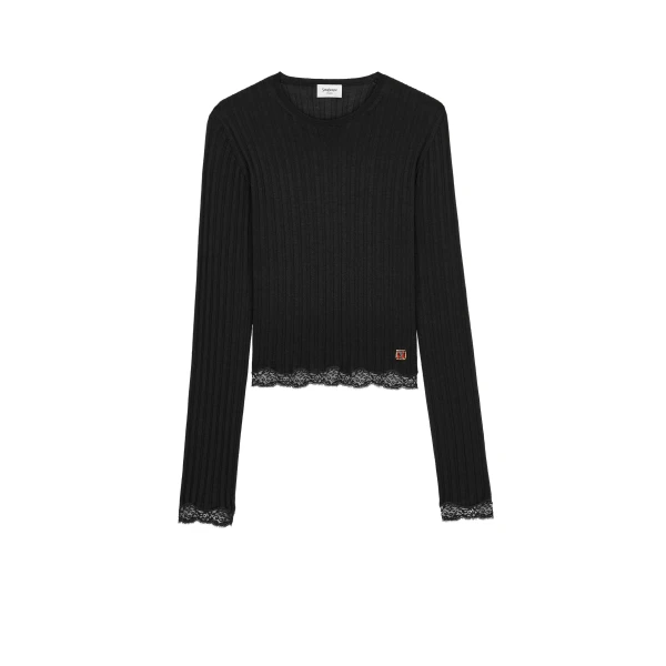 Black Saint Laurent Cassandre Laced Top in Ribbed Wool, Cashmere, and Silk | Tops