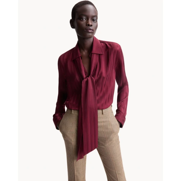 Red Saint Laurent Cassandre Lavallière Blouse in Striped Silk Jacquard, view 2 | Blouse