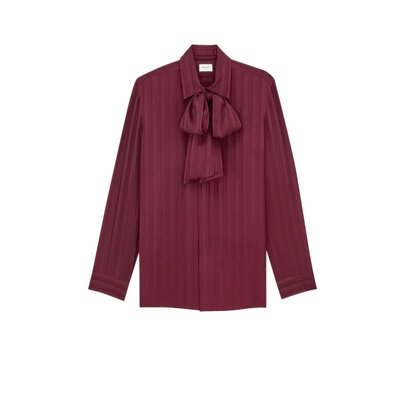 Red Saint Laurent Cassandre Lavallière Blouse in Striped Silk Jacquard | Blouse
