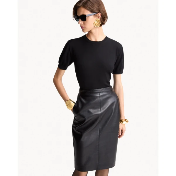 Black Saint Laurent Cassandre Pencil Skirt in Lambskin, view 2 | Leather Jackets