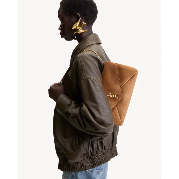 Brown Saint Laurent Cassandre Pouch on Chain in Suede, view 2 | Clutch Bags