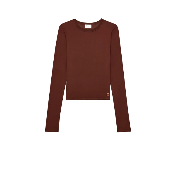 Beige Saint Laurent Cassandre Sheer Top in Knit, Chocolat | Tops